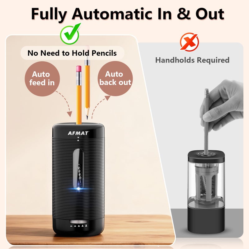 AFMAT Electric Pencil Sharpener, Fully Automatic Pencil Sharpener, Auto in & Out, Rechargeable Hands-Free Sharpeners for Jumbo & Colored Pencils (6.5-12mm), Portable for Home/Classroom/Office PSC2 - Image 2