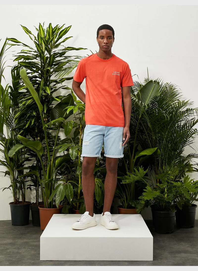 كوتون Slogan Printed T-Shirt Crew Neck Short Sleeve Slim Fit