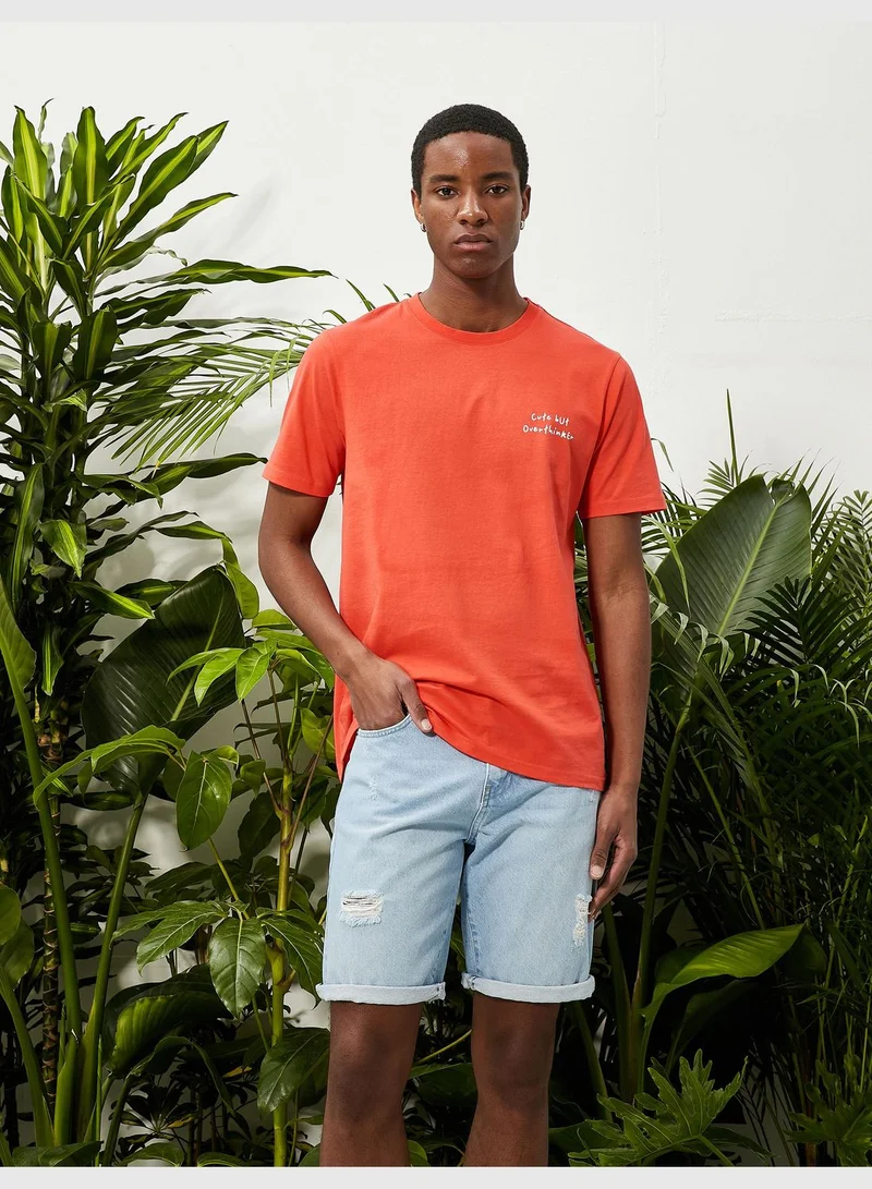 كوتون Slogan Printed T-Shirt Crew Neck Short Sleeve Slim Fit