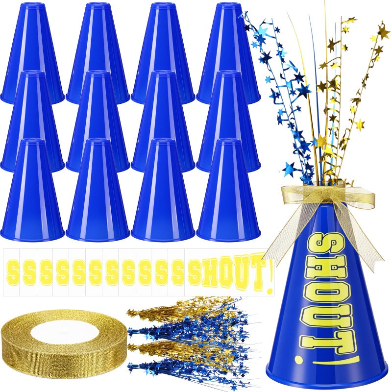Rotatingpals 12 Pcs Blue Cheer Megaphone Bulk Plastic DIY Megaphone Party Accessory Cheerleading Centerpiece Decor for School Cheers Sports Match Game Outdoor ActivitiesShoutBlue Gold - Image 3