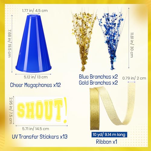 Rotatingpals 12 Pcs Blue Cheer Megaphone Bulk Plastic DIY Megaphone Party Accessory Cheerleading Centerpiece Decor for School Cheers Sports Match Game Outdoor ActivitiesShoutBlue Gold - Image 5