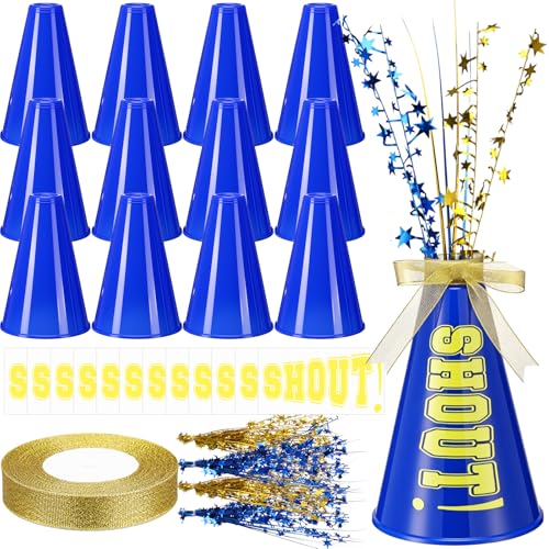 Rotatingpals 12 Pcs Blue Cheer Megaphone Bulk Plastic DIY Megaphone Party Accessory Cheerleading Centerpiece Decor for School Cheers Sports Match Game Outdoor ActivitiesShoutBlue Gold - Image 1