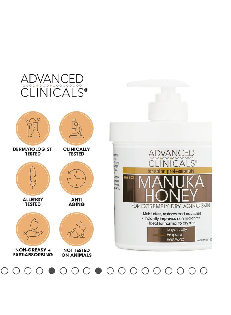 Advanced Clinicals Manuka Honey Body Cream For Women & Men | Body Butter Lotion For Extremely Dry Skin | Collagen Cream | Skincare Moisturizer Hydrating Balm Improves Look Of Aging Skin, 16 Ounce - Image 1