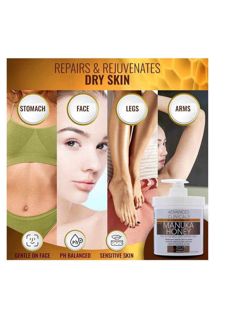Advanced Clinicals Manuka Honey Body Cream For Women & Men | Body Butter Lotion For Extremely Dry Skin | Collagen Cream | Skincare Moisturizer Hydrating Balm Improves Look Of Aging Skin, 16 Ounce - Image 3