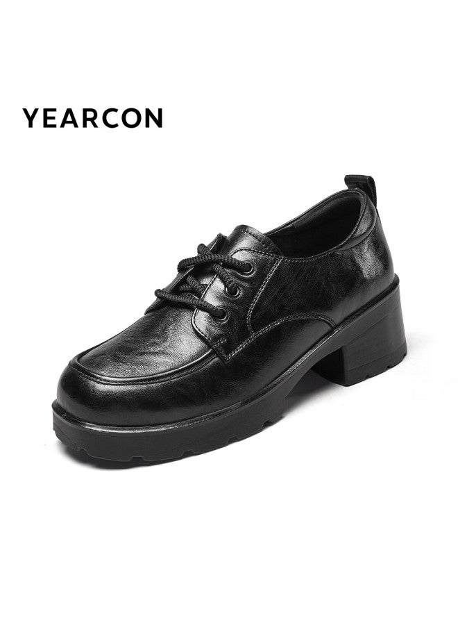 YEARCON Eierkang Women's Autumn Winter British Style Lace-up Vintage Low-cut Commuter Leather Shoes 13423w Black Size 38 - Image 2