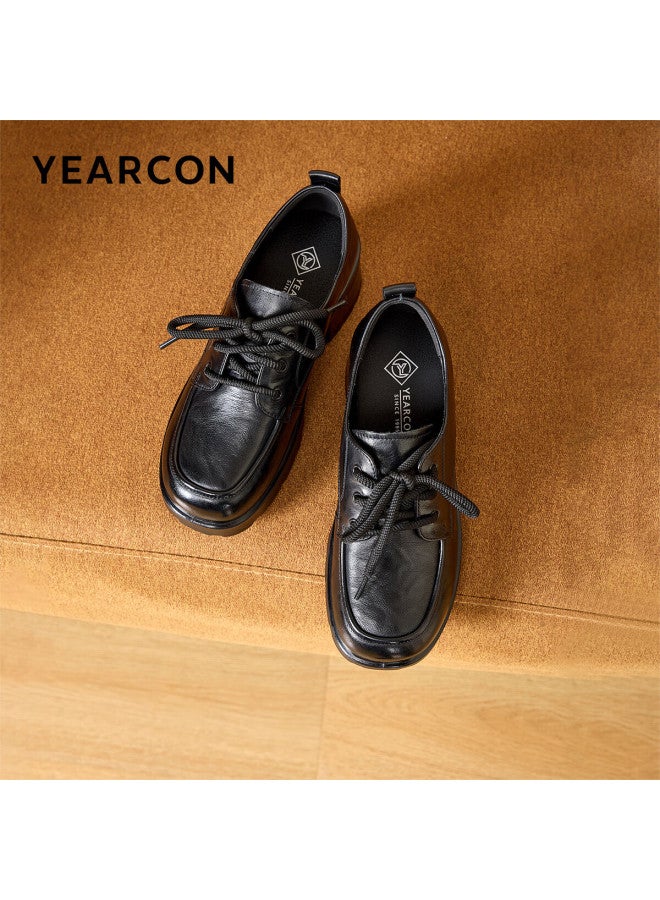 YEARCON Eierkang Women's Autumn Winter British Style Lace-up Vintage Low-cut Commuter Leather Shoes 13423w Black Size 38 - Image 1
