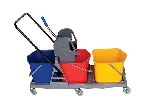 3 Bucket Wringer Trolley | Hotel & Hospital Cleaning Three Bucket Trolley | Heavy Duty Floor Cleaner | Portable Mop Cart | 60 LTRS  - Image 1