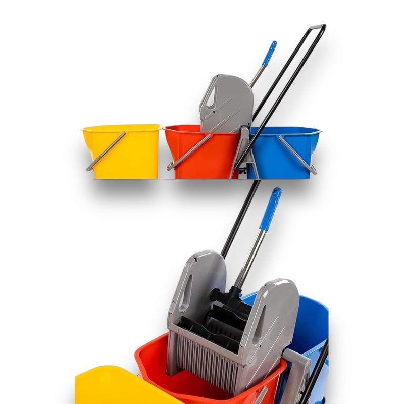 3 Bucket Wringer Trolley | Hotel & Hospital Cleaning Three Bucket Trolley | Heavy Duty Floor Cleaner | Portable Mop Cart | 60 LTRS  - Image 2