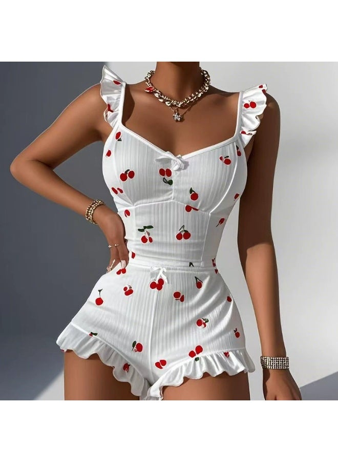 2026 Home Sleepwear Cherry Cute Print Flared Sweet Bralette Shorts Women's Home Set 1229