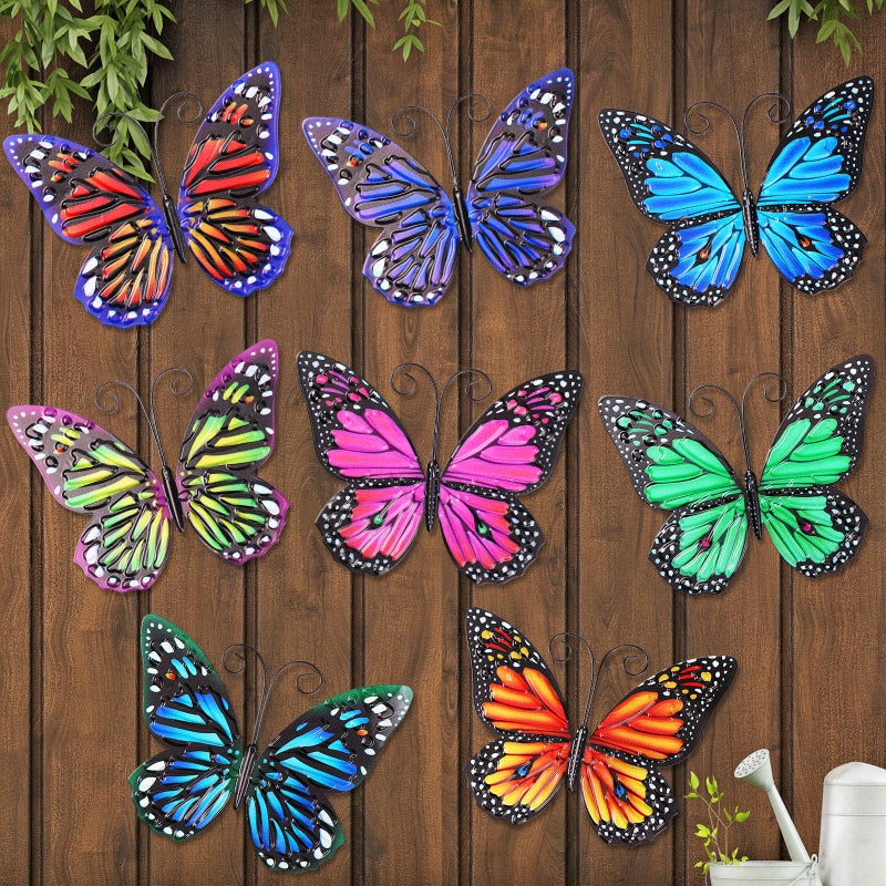 Jetec 8 Pcs Metal Butterfly Wall Decor 6.5 Inch Outdoor Butterflies Wall Art Sculpture 3D Butterfly Hanging Decoration for Spring Outside Fence Garden Yard Home Patio Balcony(Lovely Style) - Image 1