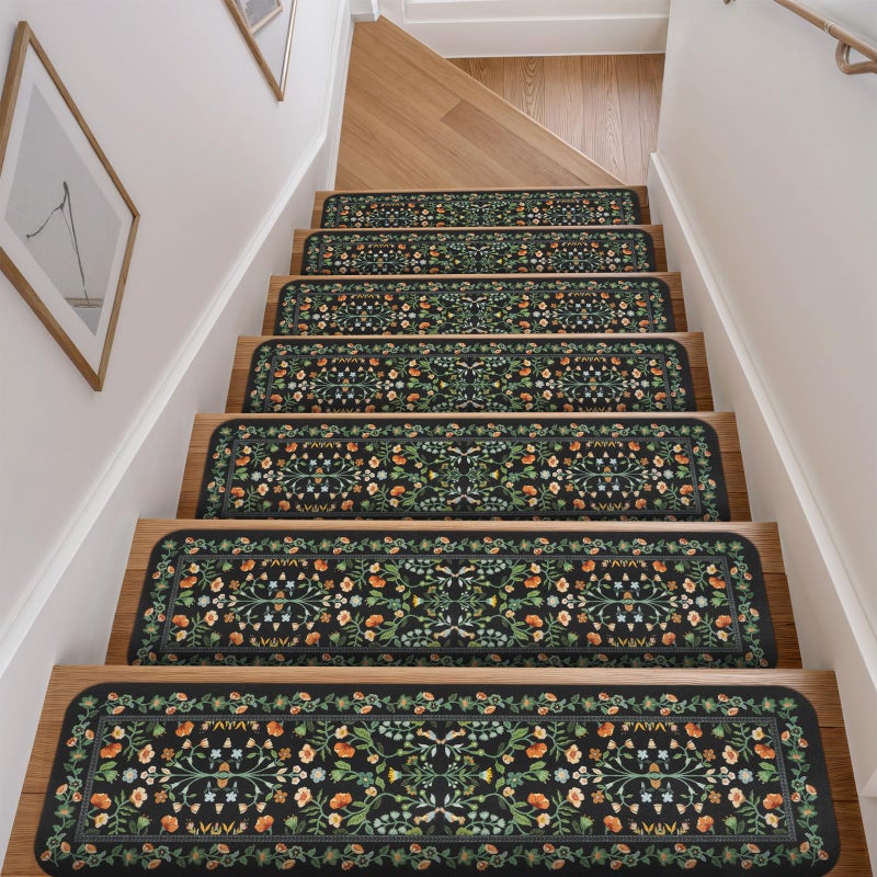 OJIA Floral Stair Treads Non-Slip Stair Runner for Wooden Steps Indoor 15PCS 30"x8" Carpet Stair Treads Stair Mats Staircase Step Treads for Kids, Elders and Dogs, Stair Covers, Black - Image 1
