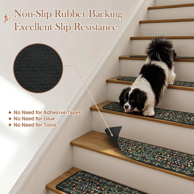 OJIA Floral Stair Treads Non-Slip Stair Runner for Wooden Steps Indoor 15PCS 30"x8" Carpet Stair Treads Stair Mats Staircase Step Treads for Kids, Elders and Dogs, Stair Covers, Black - Image 2