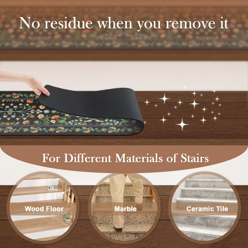OJIA Floral Stair Treads Non-Slip Stair Runner for Wooden Steps Indoor 15PCS 30"x8" Carpet Stair Treads Stair Mats Staircase Step Treads for Kids, Elders and Dogs, Stair Covers, Black - Image 3