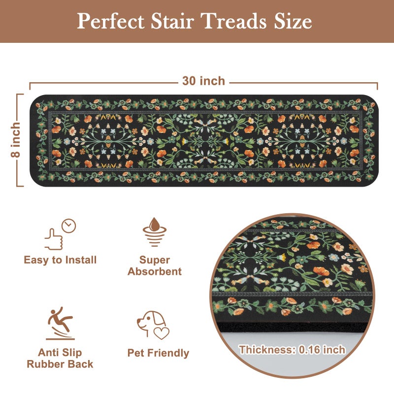 OJIA Floral Stair Treads Non-Slip Stair Runner for Wooden Steps Indoor 15PCS 30"x8" Carpet Stair Treads Stair Mats Staircase Step Treads for Kids, Elders and Dogs, Stair Covers, Black - Image 5