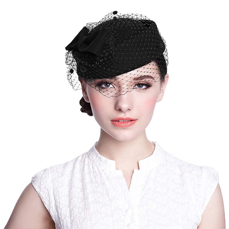 Aniwon Pillbox Hat, Wedding Hat Caps with Veil Vintage Bow Fascinator Hats Caps for Women A Black - Image 1