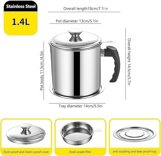 Guellix Stainless Steel Kitchen Oil Filter Tank Frying Filter LeakProof Oil Pot Oil Storage Can Container with Fine Mesh Strainer Perfect for Bacon Fat Kitchen Cooking Frying Oil Pack of 1 - Image 3