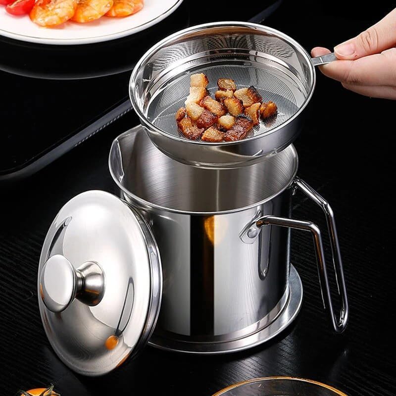 Guellix Stainless Steel Kitchen Oil Filter Tank Frying Filter LeakProof Oil Pot Oil Storage Can Container with Fine Mesh Strainer Perfect for Bacon Fat Kitchen Cooking Frying Oil Pack of 1 - Image 5