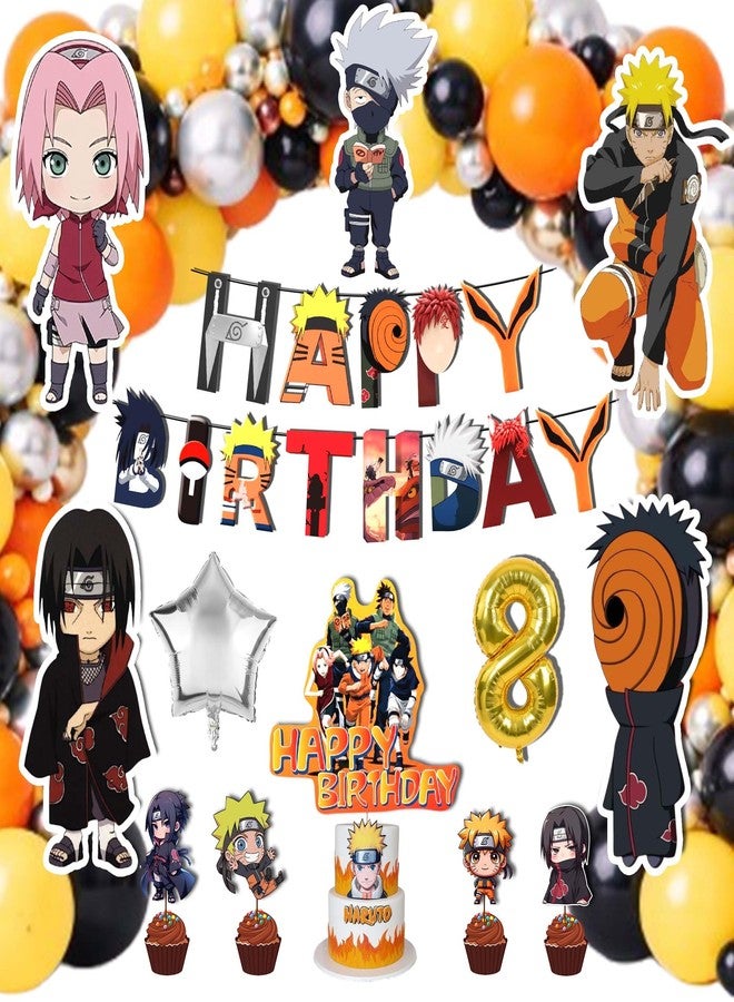 Partyjoy Cartoon Anime Ninja Theme Birthday Decoration Kit for Kids Happy Birthday Banner Balloons Cake Topper Cupcake Toppers Photo Props Premium Paper Cutouts (8th birthday set multicolor) - Image 1