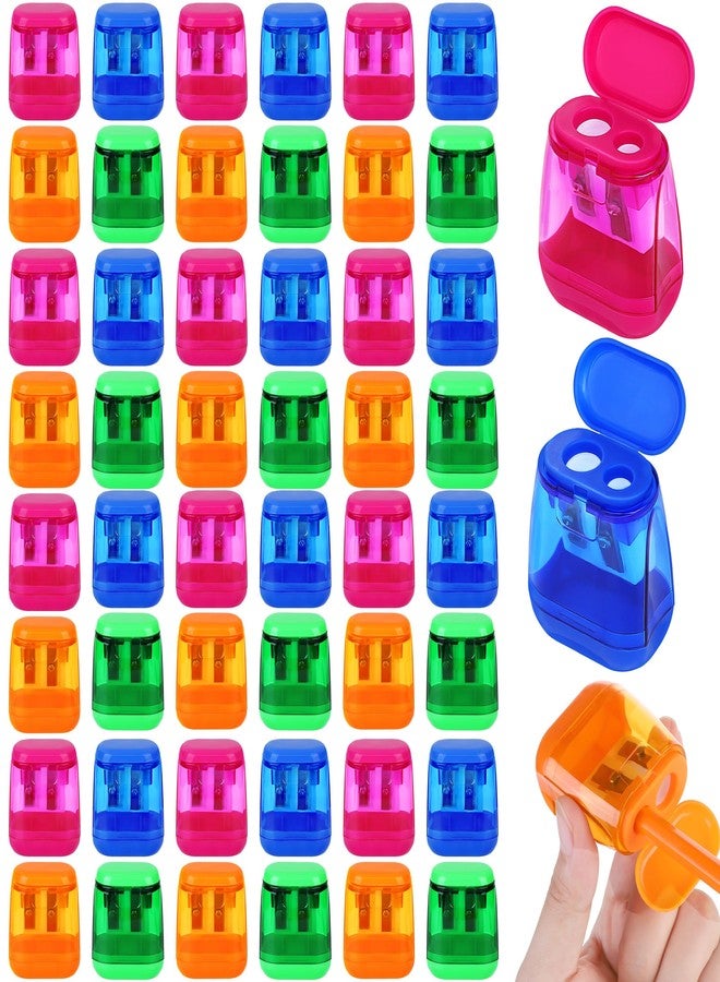 Aodaer 48 Pieces Manual Pencil Sharpeners Dual Hole Compact Sharpener with Lid for Pencil Sharpener in Office, Home Mixed 4 Colors - Image 1