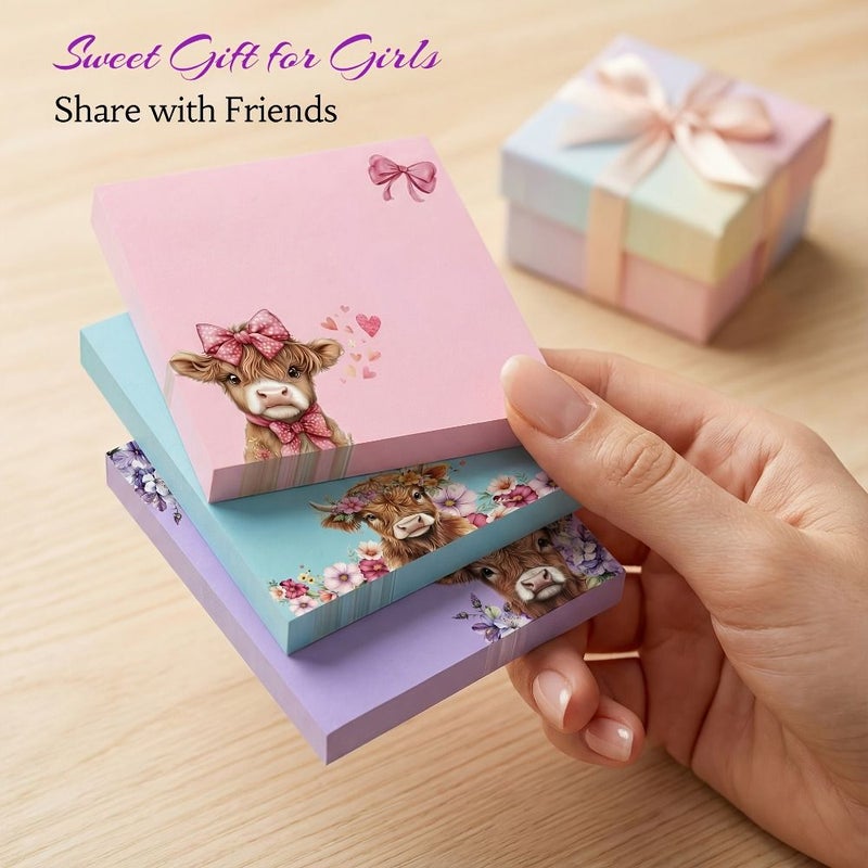 Highland Cow Themed Sticky Notes 100 Sheets Memo Stickers Cute Pattern Note Taking Marking Office Home Use - Image 1