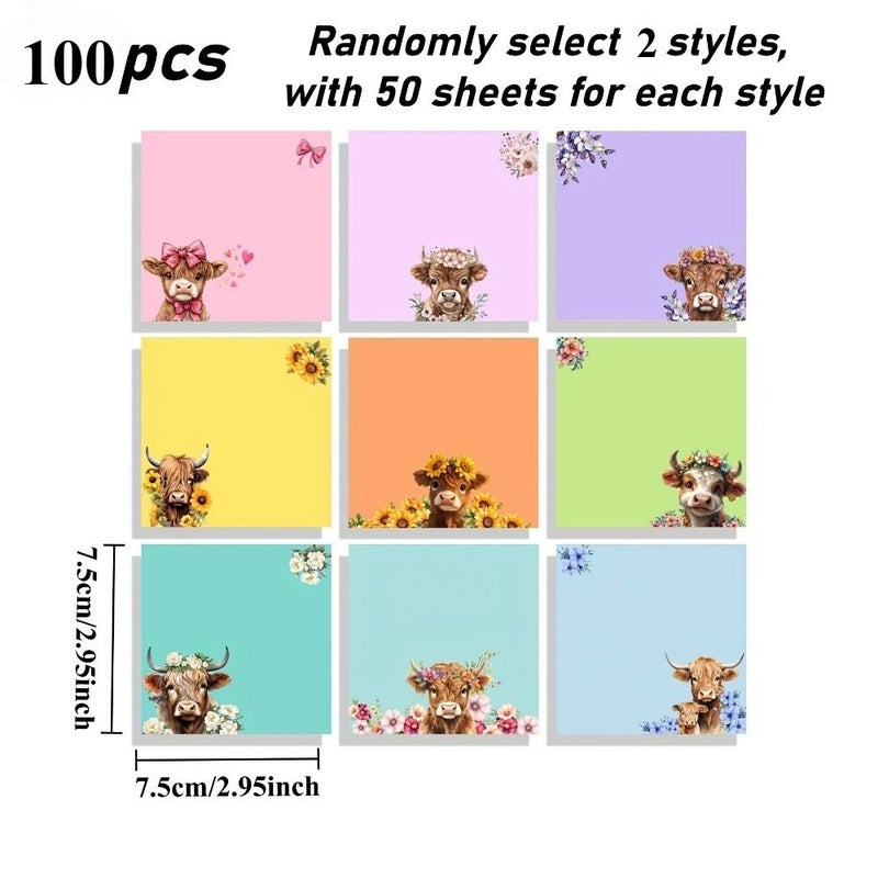 Highland Cow Themed Sticky Notes 100 Sheets Memo Stickers Cute Pattern Note Taking Marking Office Home Use - Image 2