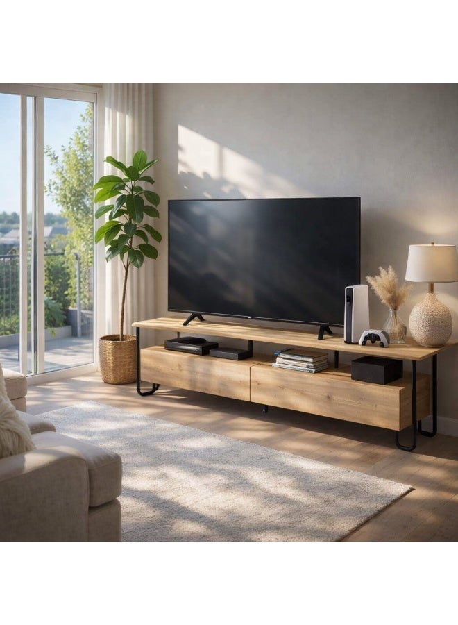 Mourah Home Cornea Tv Cabinet 2Door Storage Up To 60'' Inch Tvs | Modern Tv Stand With Sturdy Metal Legs For Home Office And Hotels | Storage Cabinet| 150X42X45 Cm (Oak)- 2 Years Warranty - Image 3