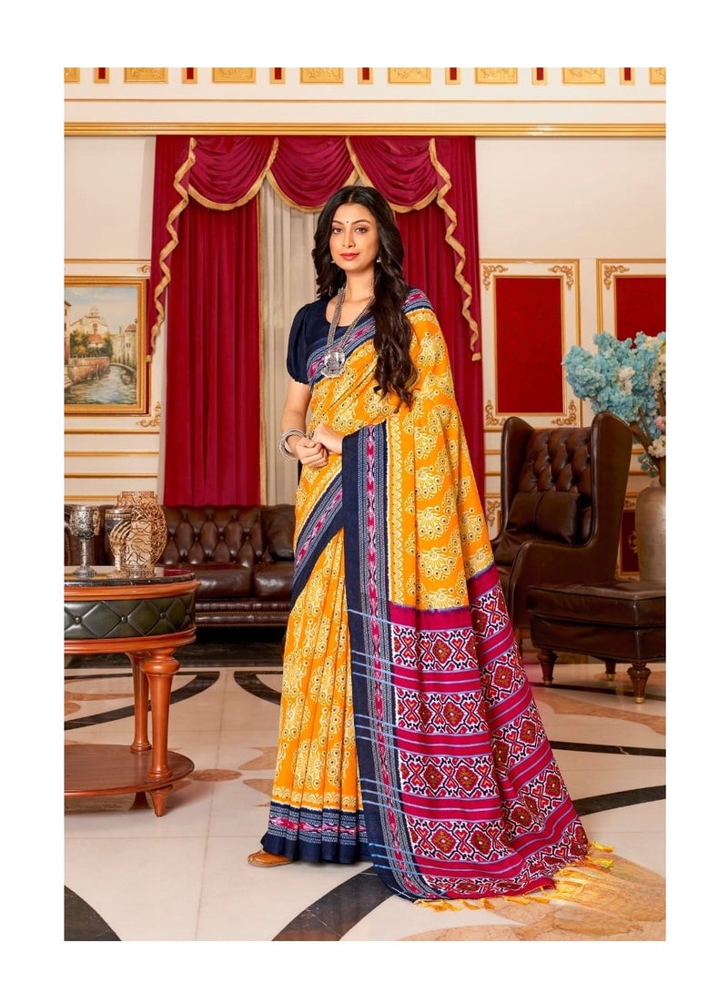 Grab Mantra Orange Linen saree With Blue Border Plus Unstitched Contrast Blouse.  - Image 2