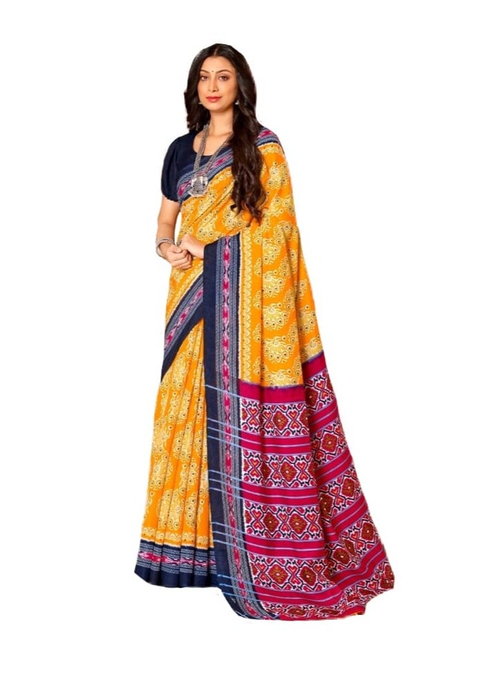 Grab Mantra Orange Linen saree With Blue Border Plus Unstitched Contrast Blouse.  - Image 1