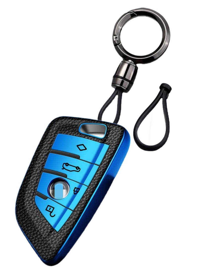 OUYoo Key Fob Cover Case, Keychain, Metal Shell Cover Compatible for BMW 2 3 5 7 Series X1 X2 X3 X5 X6 X7 X5m Z4 M3 M5 M6 G05 G20 G30 G31 G80 F10 F15 Series Premium TPU all-inclusive key case with key chain.（Blue） - Image 1