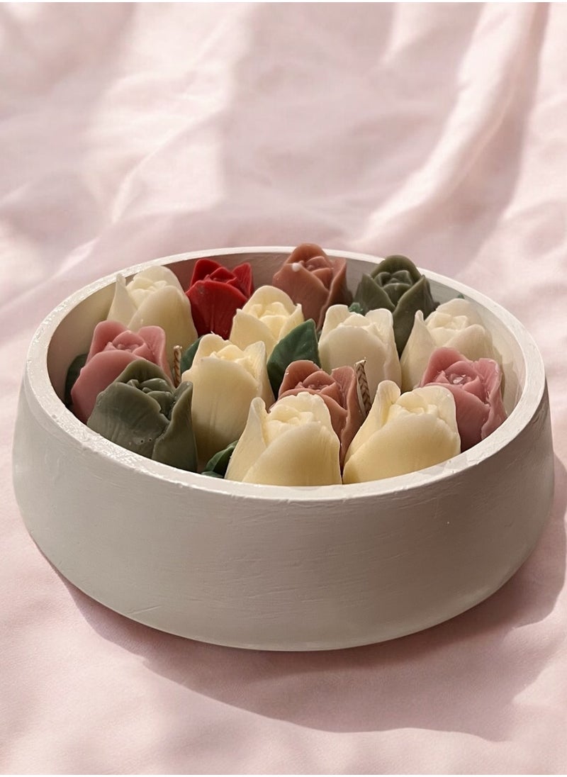 شمعة معطرة مجموعة زهرة التوليب بصحن جبس دائري مع هدية (مطفأة للشمع )