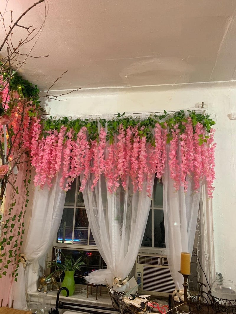 Romase 12 Pack 3.6 Feet/Piece Artificial Wisteria Vine Ratta Fake Wisteria Hanging Garland Silk Long Hanging Bush Flowers String Wedding Home Party Decor (Pink) - Image 5