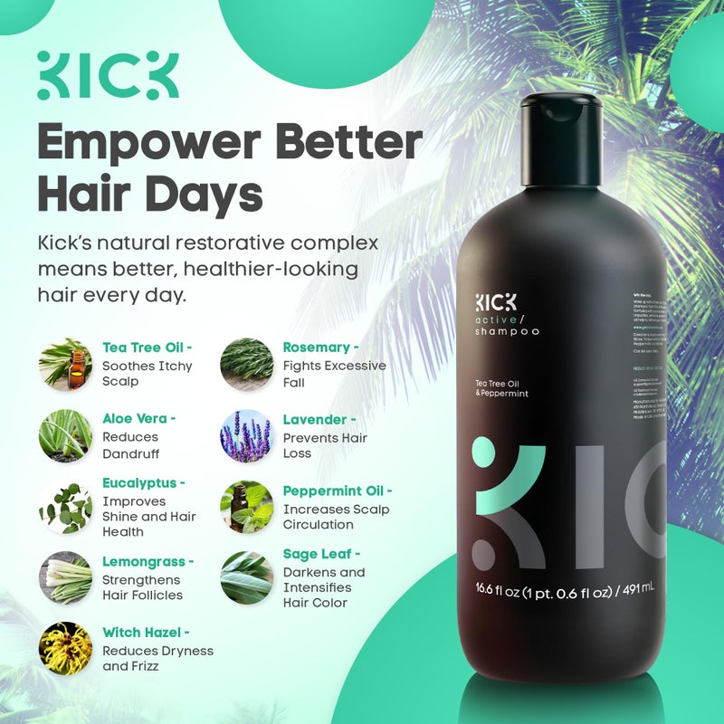 Kick Mens Shampoo - Peppermint & Tea Tree for Oil Control - Sulfate-Free, Refreshing Formula - Anti-Dandruff and Scalp Soothing - Shampoo for Oily Hair - Cruelty-Free - 16.6oz - Image 4