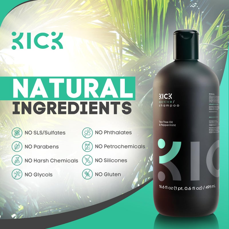 Kick Mens Shampoo - Peppermint & Tea Tree for Oil Control - Sulfate-Free, Refreshing Formula - Anti-Dandruff and Scalp Soothing - Shampoo for Oily Hair - Cruelty-Free - 16.6oz - Image 3