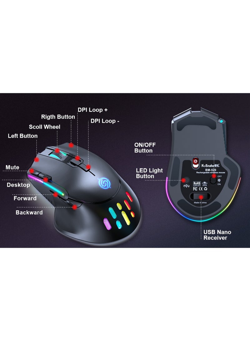 XVersion Wireless Gaming Mouse, Wired and Wireless Dual Modes Rechargeable RGB Gaming Mouse with 7 ons, Ergonomic and 3 Adjustable DPI Levels up to 3200 DPI for PC Laptop Gamer - Image 2