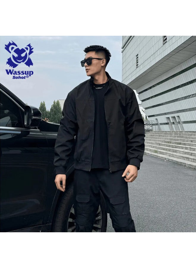 Wassup Sohot Men's Jacket, Autumn American-style Stand-up Collar Flight Jacket, Trendy Workwear Outerwear, Men's Clothing, Black, 3XL - Image 1