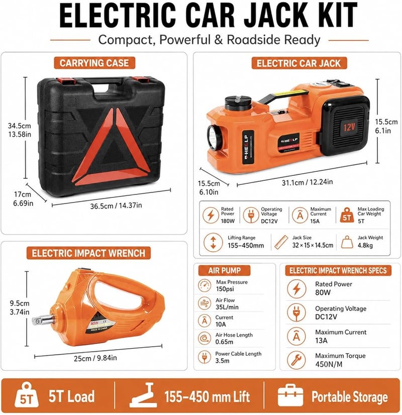 E-HEELP Electric Car Jack 5Ton 12V Hydraulic Kit with Impact Wrench for SUV MPV Sedan Truck Change Tires Garage Repair Orange TT02 - Image 5