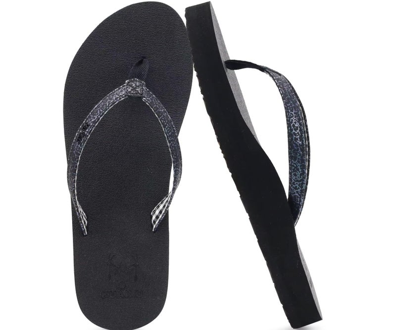 KuaiLu Womens Arch Support Flip Flops Comfortable Yoga Mat Slip on Leather Walking Thong Cushion Sandals Summer Beach Orthotic Slides Travel Essentials Indoor Outdoor Slippers Shoes Black Size 10 - Image 1