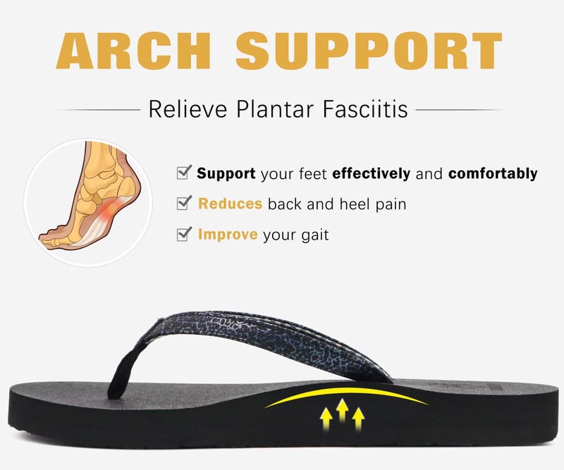 KuaiLu Womens Arch Support Flip Flops Comfortable Yoga Mat Slip on Leather Walking Thong Cushion Sandals Summer Beach Orthotic Slides Travel Essentials Indoor Outdoor Slippers Shoes Black Size 10 - Image 4