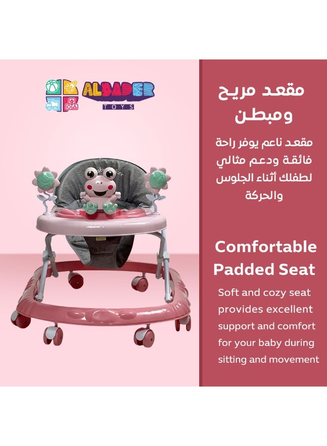البدر مشاية مواليد صغيرة ومميزة بعدة مقاسات مع مؤثرات صوتية وإضاءة – مشاية أطفال قابلة للتعديل بثلاثة مستويات ارتفاع – تصميم ضفدع بألوان زاهية باللون الوردي – تتحول لطاولة طعام متعددة الاستخدامات – عجلات متينة وسلسة – مشاية آمنة ومريحة للأطفال من 6 شهور حتى بداية المشي - Image 5