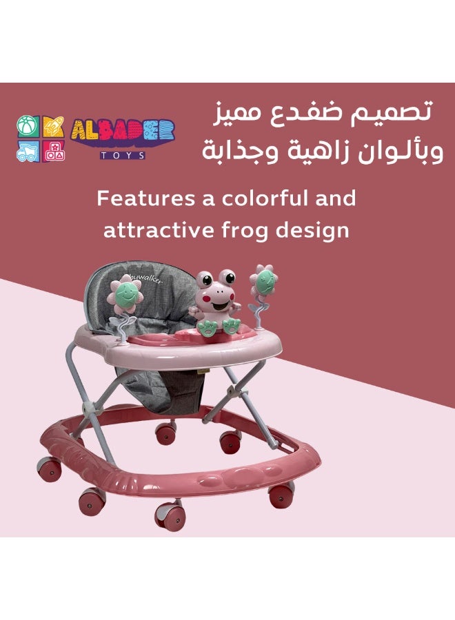 البدر مشاية مواليد صغيرة ومميزة بعدة مقاسات مع مؤثرات صوتية وإضاءة – مشاية أطفال قابلة للتعديل بثلاثة مستويات ارتفاع – تصميم ضفدع بألوان زاهية باللون الوردي – تتحول لطاولة طعام متعددة الاستخدامات – عجلات متينة وسلسة – مشاية آمنة ومريحة للأطفال من 6 شهور حتى بداية المشي - Image 2