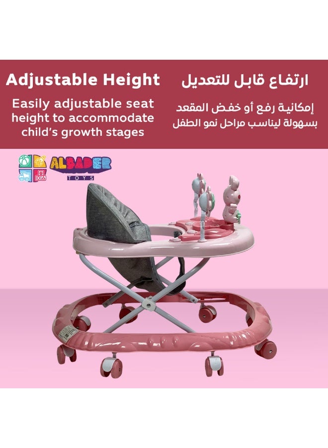 البدر مشاية مواليد صغيرة ومميزة بعدة مقاسات مع مؤثرات صوتية وإضاءة – مشاية أطفال قابلة للتعديل بثلاثة مستويات ارتفاع – تصميم ضفدع بألوان زاهية باللون الوردي – تتحول لطاولة طعام متعددة الاستخدامات – عجلات متينة وسلسة – مشاية آمنة ومريحة للأطفال من 6 شهور حتى بداية المشي - Image 4
