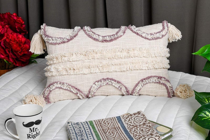 IMPEXART PVT LTD Cotton 12X20 Inches Ivory Base Boho Shaggy Rectangle Geometric Desgin Cushion Cover with Tassel for Decor Couch Sofa Bedroom Living Room Farmhouse Indoor Outdoor