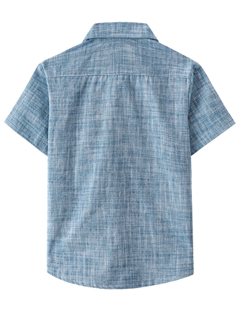 JOGAL Boys Chambray Shirts Short Sleeve Button Down Casual Cotton Woven Shirt with Two Pockets for Kids Navy 9-10 Years - Image 2