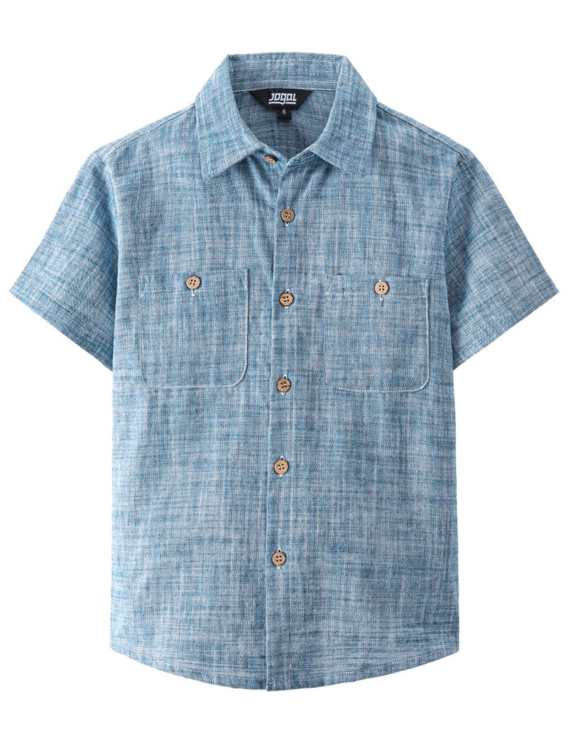 JOGAL Boys Chambray Shirts Short Sleeve Button Down Casual Cotton Woven Shirt with Two Pockets for Kids Navy 9-10 Years - Image 1