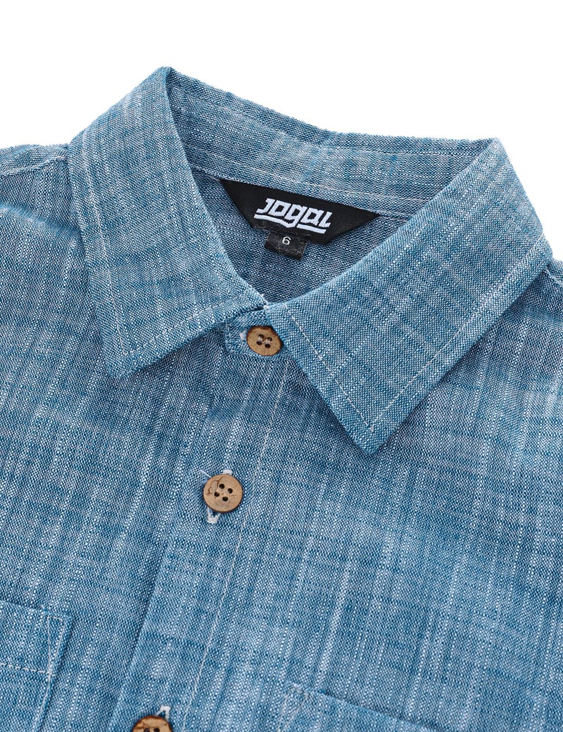 JOGAL Boys Chambray Shirts Short Sleeve Button Down Casual Cotton Woven Shirt with Two Pockets for Kids Navy 9-10 Years - Image 3