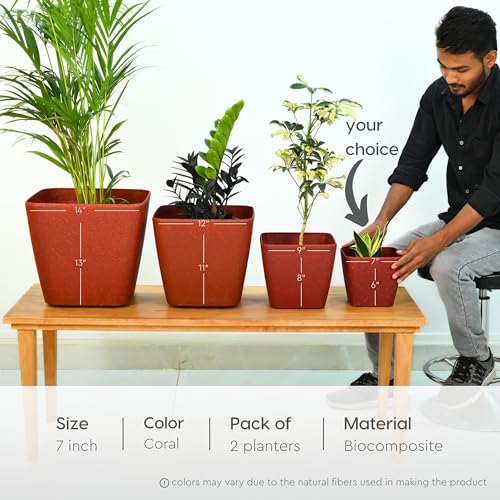 Eha Set of 2 Earth-Friendly Daisy 7" Self-Watering pots and Planters | Bamboo Based | UV Protected | for Indoor, Home Decor, Outdoor, Balcony & Garden | Coral - Image 2