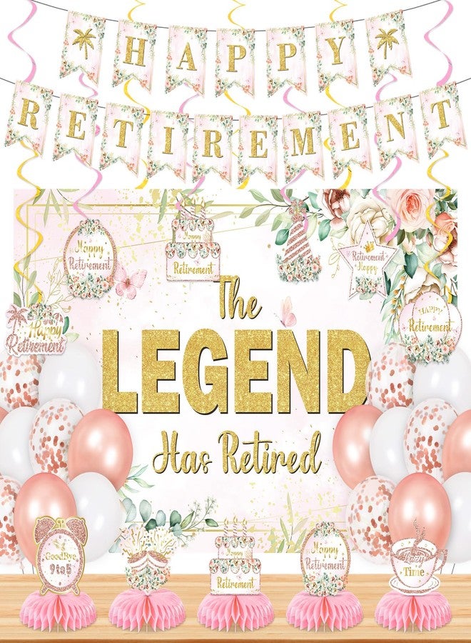 LUUFILx Pink Floral Retirement Party Decorations: The Legend Has Retired Banner, Backdrop, Table Honeycomb Centerpiece, Retirement Hanging Swirls, Balloons - Image 1