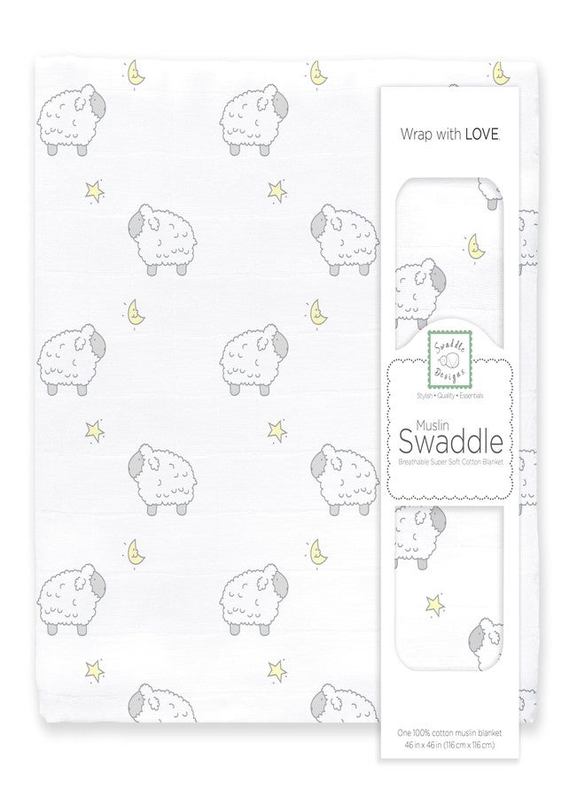 SwaddleDesigns Cotton Muslin Swaddle Blanket, Receiving Blanket for Boys & Girls, Best Shower Gift, 46x46 inches, Little Lambs, Sterling - Image 1
