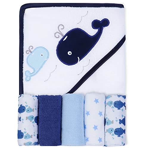 Viviland Baby Towels and Washcloths Soft Absorbent Baby Boy Bath Towel Set Whale Hooded Towels with 5 Infant Washcloths6 Pieces
