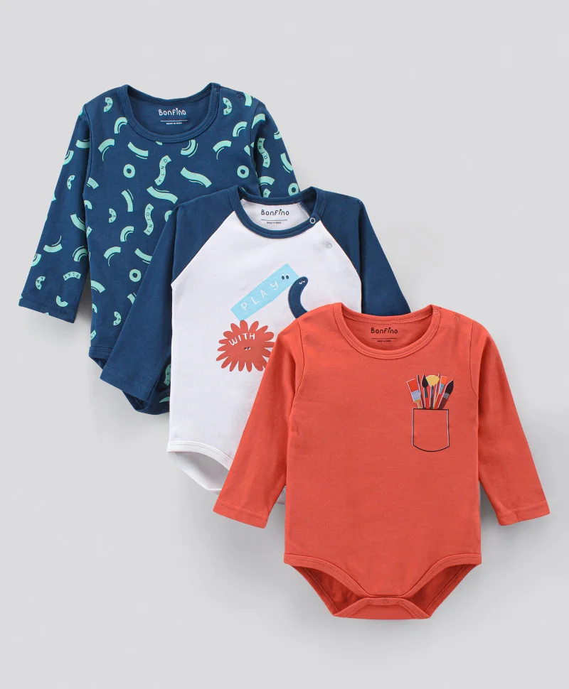 Bonfino Bonfino Full Sleeve Onesies Abstract Print Pack of 3 - Red Off White Blue